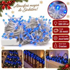 Instalatie LED Tip Liniara, 320 LED-uri Albastru, 25 m, Fir Alb, Multiple Jocuri de Lumini