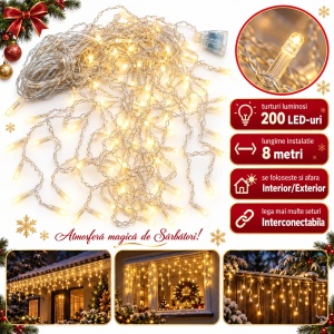 Instalatie LED tip turturi, 200 LED, 8m, interconectabila, LED alb cald, interior/exterior