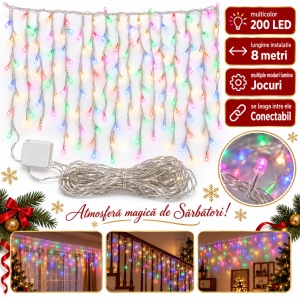 Instalatie LED tip turturi , 200 LED multicolor, 8m, interconectabila, cu jocuri de lumini