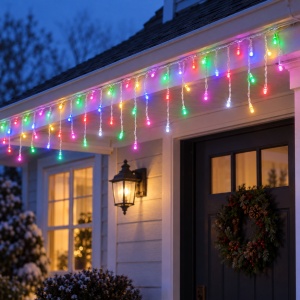 Instalatie luminoasa de Craciun tip turturi, 300 LED, multicolor, 13m, fir alb - Img 6
