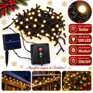 Instalație solară cu globulețe, lumină alb cald, 10 m, 100 LED-uri, multiple jocuri de lumini - Img 2