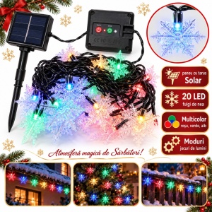 Instalatie solara de Craciun cu fulgi de nea, 4 m, 20 LED, multicolor, exterior