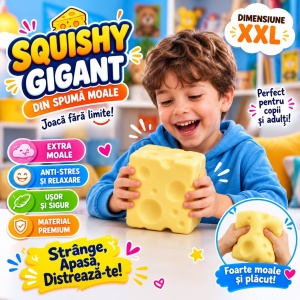 Jucărie Antistres Squishy Cașcaval Gigant XXL, 10 cm, din Spumă Moale – Slow Rising
