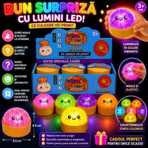 Jucărie Antistres Squishy Dumpling cu Lumini LED, Sclipici și Bile Gel 8,5 cm – Surpriză Colorată pentru Copii - Img 3