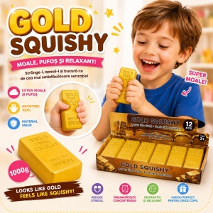 Jucărie Antistres Squishy Lingou de Aur 13 cm, Moale și Elastică, Design Gold Bar, Relaxare și Distracție - Img 4
