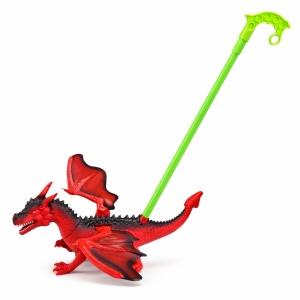 Jucarie de impins dragon rosu cu aripi si roti, model interactiv copii rosu