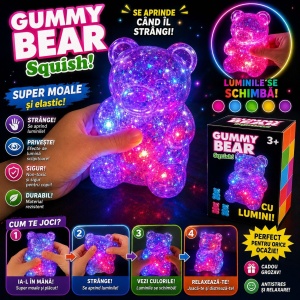 Jucărie Squishy Urs cu Lumini și Sclipici 8 cm – Anti-Stres, LED Multicolor, Super Moale - Img 3