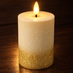 Lumânare decorativă LED cu efect flacără realist, sclipici auriu, plastic, 9x7,5 cm - Img 3