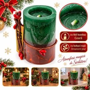 Lumânare parfumată decorativă de Crăciun, verde inchis, cu fitil din bumbac, 8,5x5,5 cm