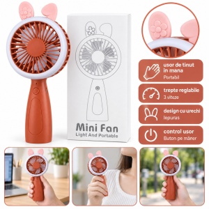 Mini ventilator de mână cu urechi de iepuraș, maro, 3 trepte de viteză