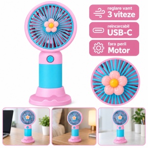 Mini ventilator de mână, reîncărcabil USB-C, 3 trepte de viteză, model floare, roz și turcoaz