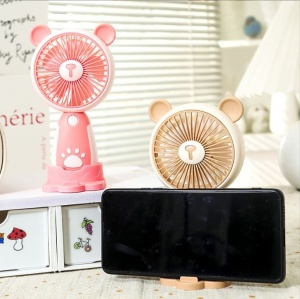 Mini Ventilator Portabil USB cu 3 Viteze, Suport Telefon si Baza, Model Urs, Bej - Img 2