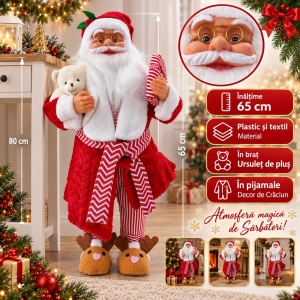 Moș Crăciun în pijamale cu ursuleț de pluș, plastic și textil, 65 cm - Img 6
