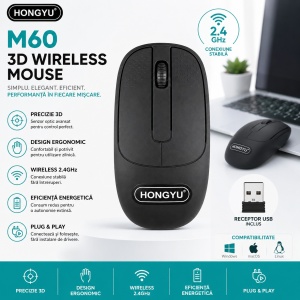 Mouse Wireless M60 Negru 2.4GHz – Mouse Optic Wireless Ergonomic cu Receptor USB pentru PC și Laptop - Img 2