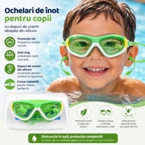 Ochelari de Inot pentru Copii Reglabili cu Dopuri de Urechi Silicon Anti-Fog UV verzi - Img 2