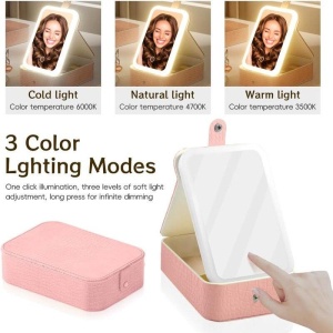 Oglinda cosmetica LED cu organizator bijuterii si cosmetice, 3 moduri lumina, reincarcabila, roz - Img 5