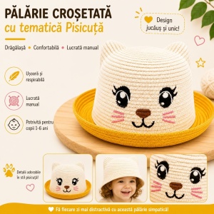 Palarie copii cu pisicuta, crosetata manual, bumbac, crem-galben - Img 2