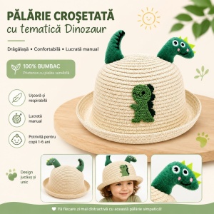 Palarie Crosetata Copii cu Tematica Dinozaur, Bumbac, Design Handmade, Crem-Verde - Img 2