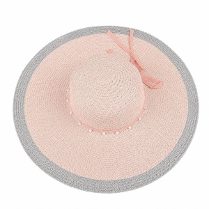 Pălărie Damă de Vară Roz Pudrat cu Bor Lat și Perle Decorative – Reglabilă, Protecție UV