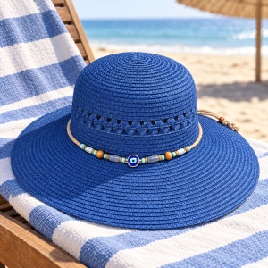 Pălărie de Plajă Albastră cu Boruri Largi și Accesoriu Decorativ - Img 4