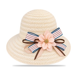 Pălărie de Plajă Crem cu Floare Decorativă și Boruri Largi