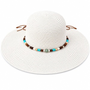 Palarie de Soare Alba Eleganta cu Accesorii Colorate pentru Plaja si Vacante
