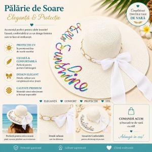 Palarie de Soare pentru Femei, Alba cu Fundita si Inscriptie “Hello Sunshine”, Eleganta pentru Vara - Img 2