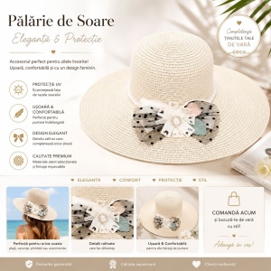 Palarie de Soare pentru Femei, Crem, cu Fundita Eleganta, Boruri Largi, Stil Feminin de Vara - Img 2