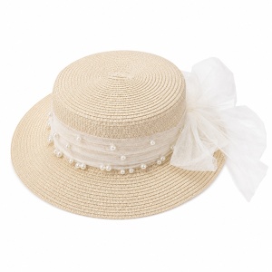 Palarie de vara eleganta bej cu funda si perle pentru plaja si tinute feminine
