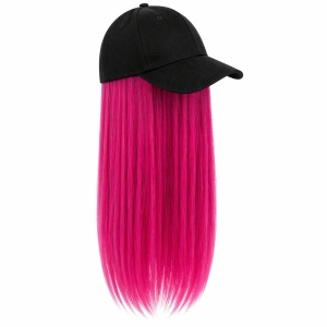 Peruca lunga 50 cm cu sapca neagra, par fucsia drept