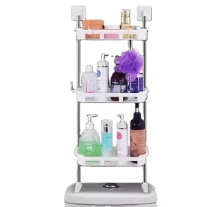 Raft multifunctional depozitare plastic alb, 3 niveluri, organizator baie bucatarie - Img 2