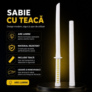 Sabie cu teacă și lumini LED, cu detalii galbene, 67 cm – sabie de jucărie din plastic