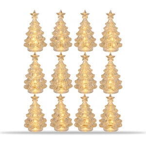 Set 12 brăduți decorativi LED de Crăciun cu sclipici auriu, din plastic, 14,5x7,5 cm - Img 2