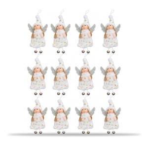 Set 12 bucăți ornamente de brad înger de Crăciun, cu clopoței, blăniță albă, 15x8 cm - Img 3