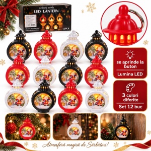 Set 12 felinare decorative cu LED de Crăciun, diferite culori, 9,5x7 cm