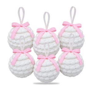 Set 12 globuri de Crăciun din material textil, alb cu fundă roz, 34x24x7cm