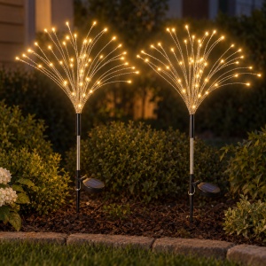 Set 2 lămpi solare decorative pentru grădină, model artificii, 120 LED, alb cald, 40x8cm - Img 4