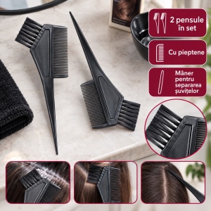 Set 2 pensule pentru vopsit părul cu pieptene, plastic negru