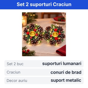 Set 2 suporturi lumanari de Craciun cu conuri de brad, decor auriu, 21x11x4cm - Img 2