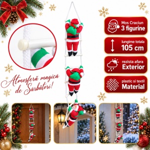 Set 3 buc Moș Crăciun pe scară, 105 cm, plastic și textil, interior/exterior