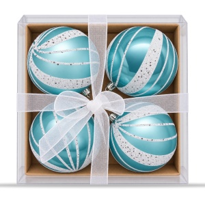 Set 4 globuri de Craciun, albastru cu sclipici argintiu pentru brad, 16x16x7cm