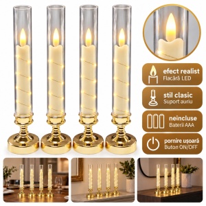 Set 4 lumânări LED decorative cu efect de flacără, suport auriu, 29 x 6,5 cm