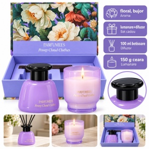 Set aromaterapie cu lumânare parfumată și difuzor cu bețișoare, aromă florală, mov, 24 x 16 cm
