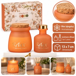 Set aromaterapie cu lumânare parfumată și difuzor cu bețișoare, portocaliu, aroma lilac, 11 x 6 cm