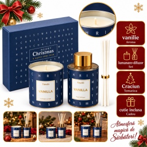 Set cadou cu lumânare din ceară și odorizant cu bețișoare, parfum vanilie, albastru, 23×18 cm
