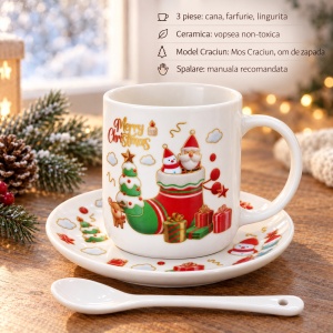 Set cadou de Crăciun cană ceramică cu farfurioară și linguriță, 3 piese, 16x18cm - Img 2