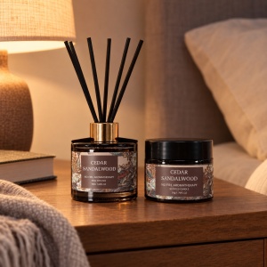 Set cadou lumânare parfumată și difuzor cu bețișoare, parfum cedru și santal, 20 × 14 cm - Img 3