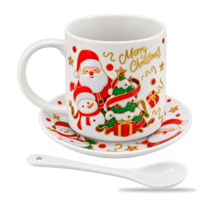 Set cana ceramica cu farfurie si lingurita, model Mos Craciun, idee cadou, 16x18cm