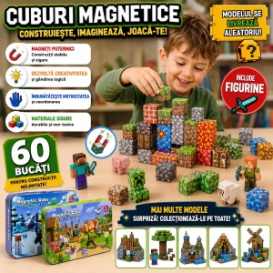 Set Cuburi Magnetice de Construcție, 60 Piese cu Figurine și Cutie Metalică de Depozitare