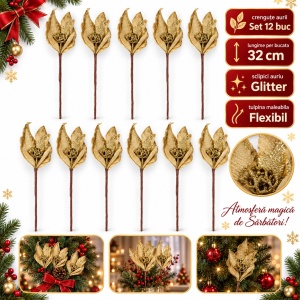 Set de 12 decoratiuni de Crăciun in forma de floare, auriu cu sclipici, 37x22 cm